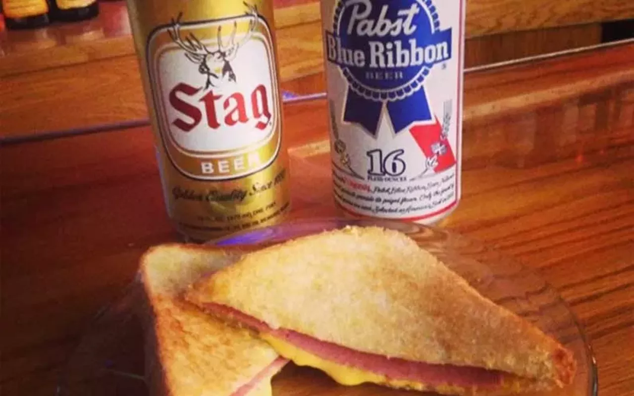 G&W bologna grilled cheese sammy and a cold can of beer
