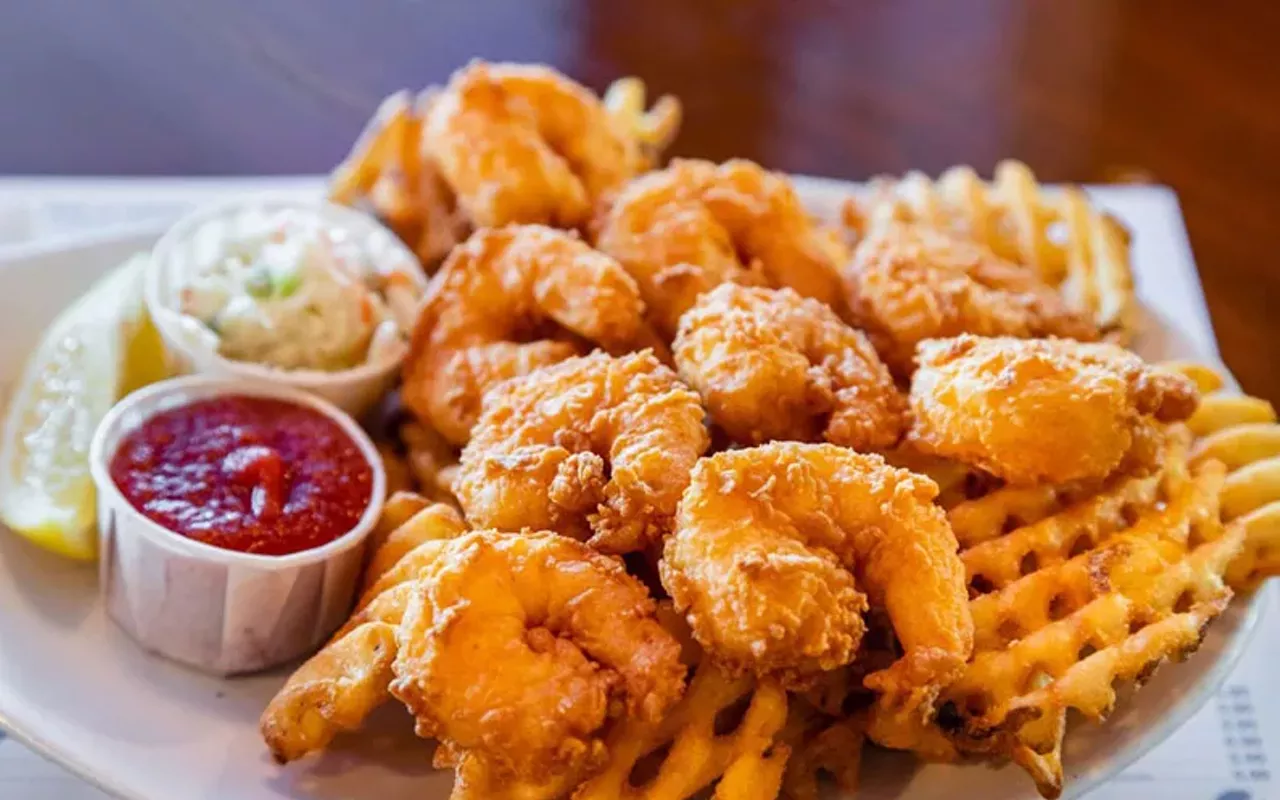 hand-battered fried shrimp and waffle fries